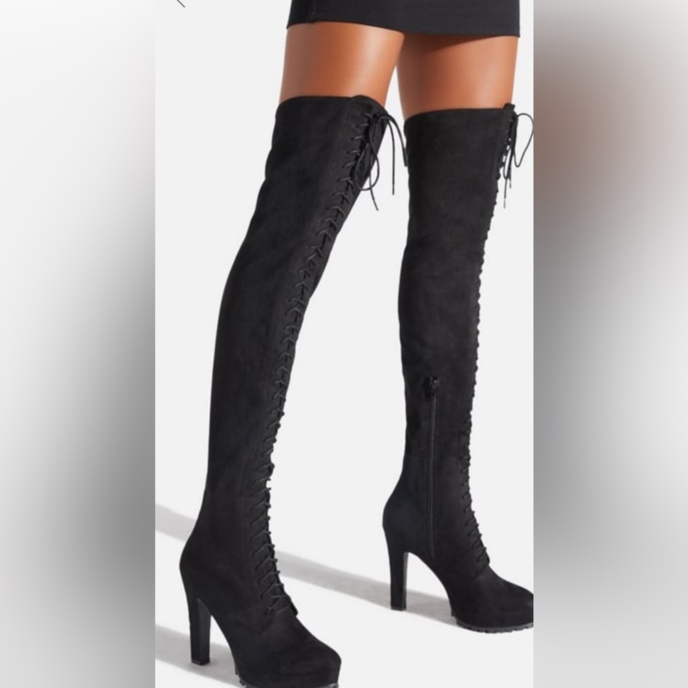 JustFab faux suede lace-up over-the-knee boots. 4.75” heel